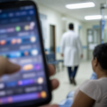 Celular com aplicativo de apostas desfocado diante de ambiente de atendimento público de saúde