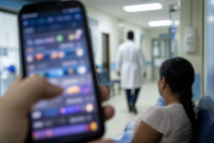 Celular com aplicativo de apostas desfocado diante de ambiente de atendimento público de saúde