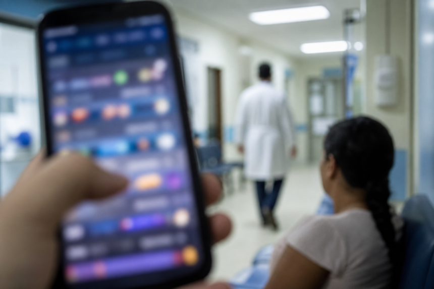 Celular com aplicativo de apostas desfocado diante de ambiente de atendimento público de saúde